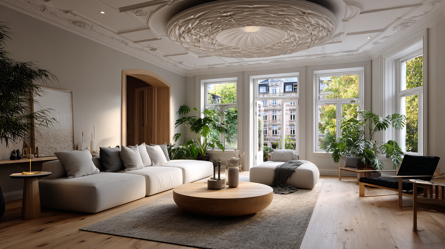 Decke im Wohnzimmer mit großer akustischer Rosette in Stuckoptik, schallschluckend
